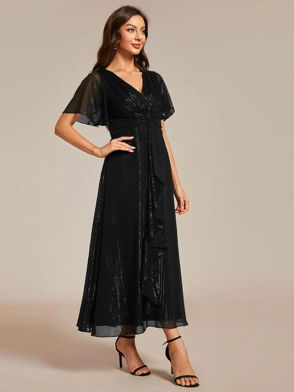 Ever-Pretty Women's Summer Glitter Knot Waist V Neck Ruffles Sleeves Pleated Wedding Guest Dress 02131