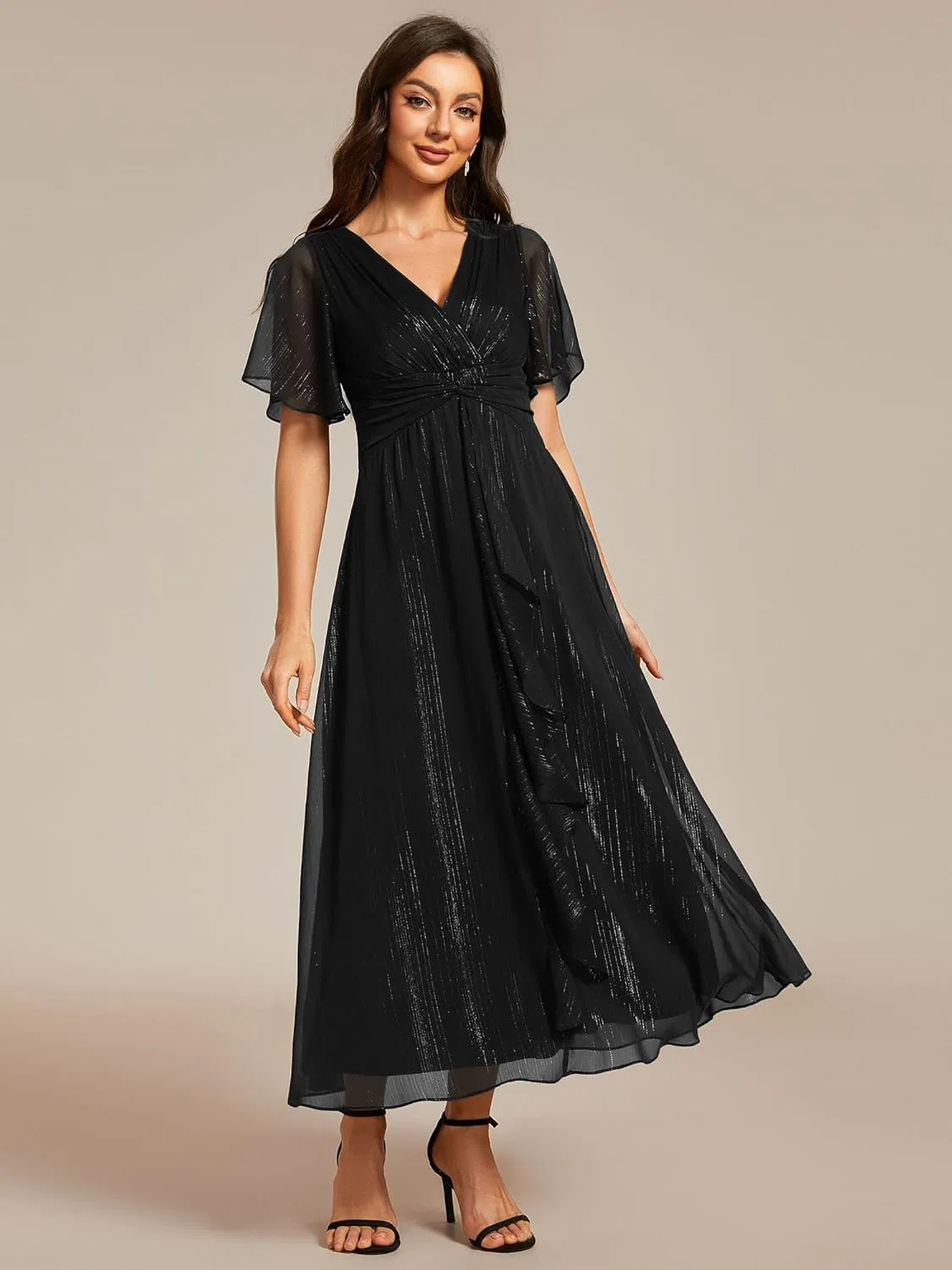 Ever-Pretty Women's Summer Glitter Knot Waist V Neck Ruffles Sleeves Pleated Wedding Guest Dress 02131