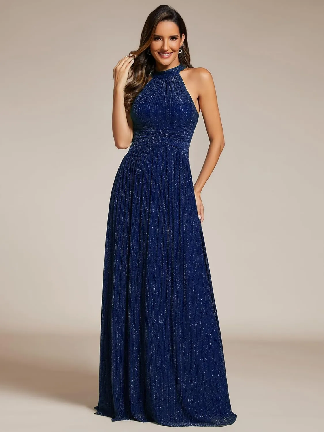 Ever-Pretty Women's Summer Halter Sleeveless Pletaed Floor Length Glitter Formal Evening Dresses 41961