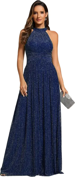 Ever-Pretty Women's Summer Halter Sleeveless Pletaed Floor Length Glitter Formal Evening Dresses 41961