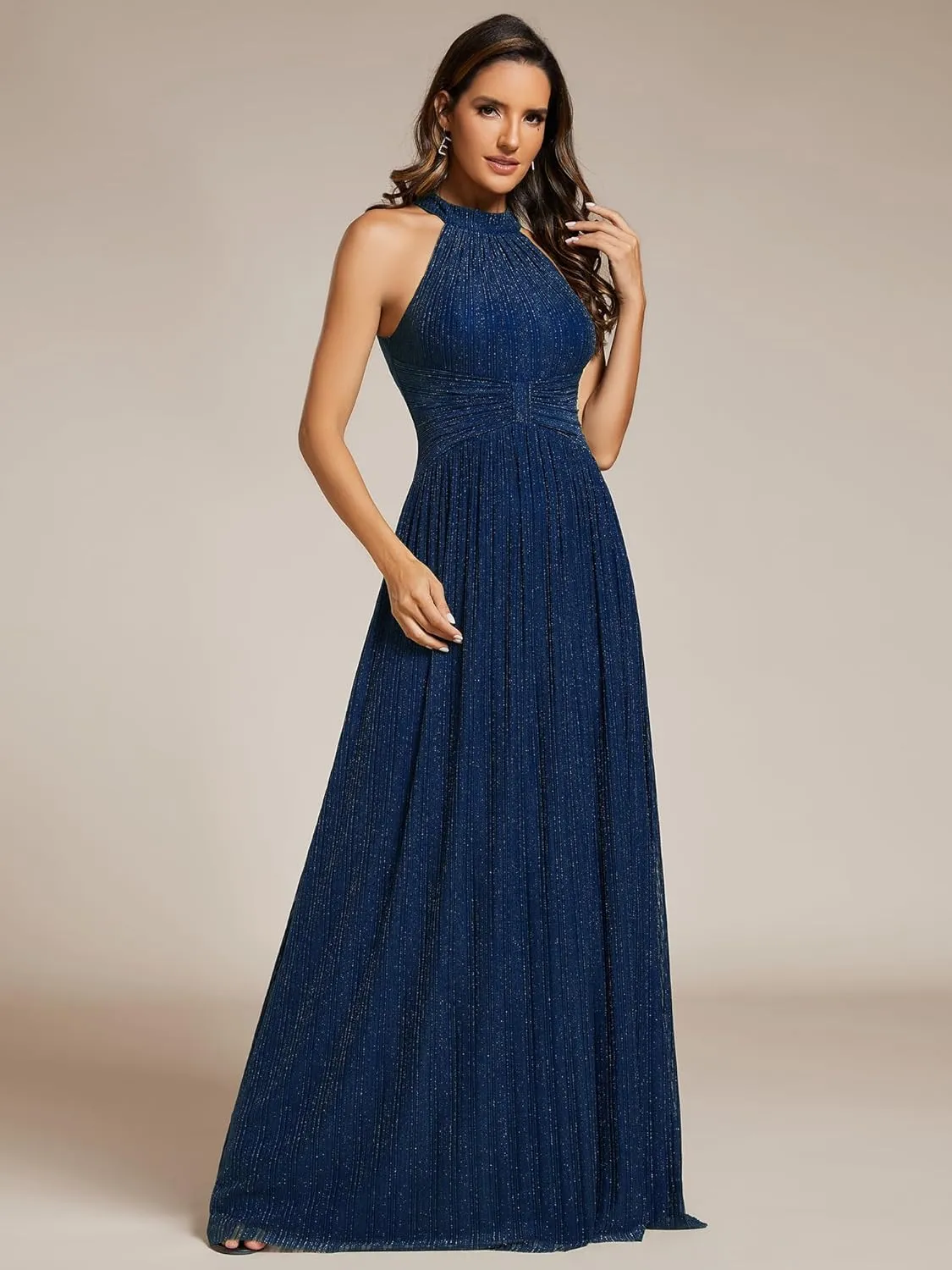 Ever-Pretty Women's Summer Halter Sleeveless Pletaed Floor Length Glitter Formal Evening Dresses 41961