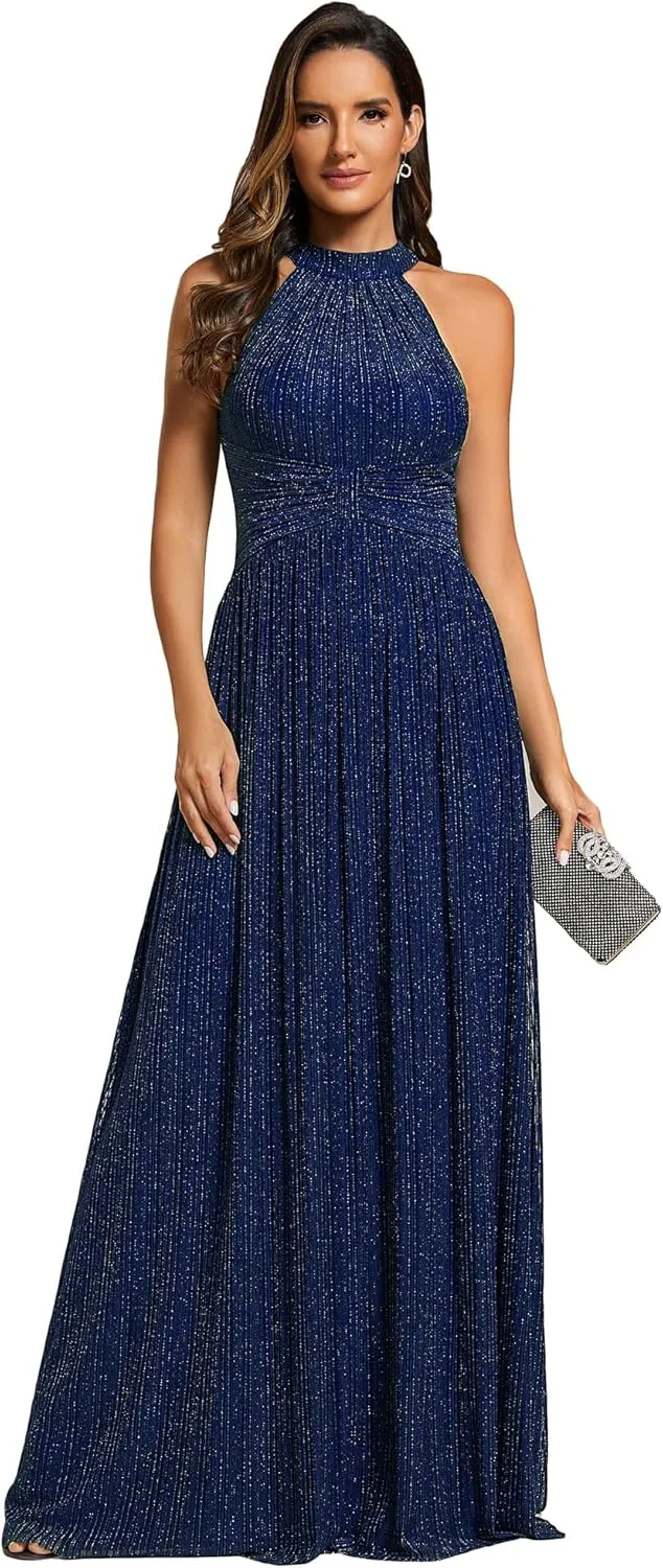 Ever-Pretty Women's Summer Halter Sleeveless Pletaed Floor Length Glitter Formal Evening Dresses 41961