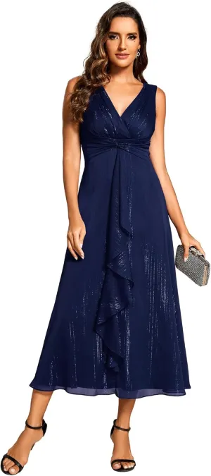 Ever-Pretty Women's Summer Sleeveless Midi Length Pleated A Line Wedding Guest Dress 11977