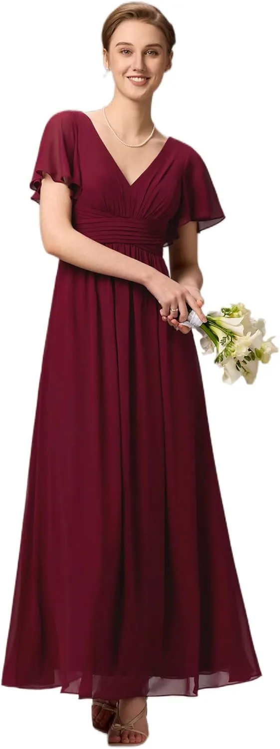 Ever-Pretty Women's Summer V Neck Chiffon Pleated Empire Waist Bandage Bridesmaid Dress with Pockets 02360