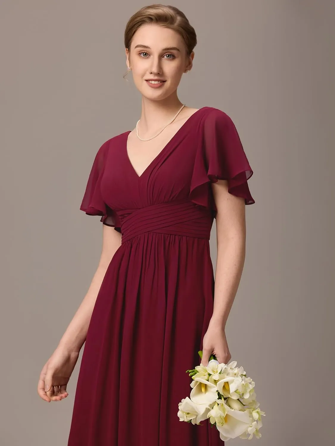 Ever-Pretty Women's Summer V Neck Chiffon Pleated Empire Waist Bandage Bridesmaid Dress with Pockets 02360