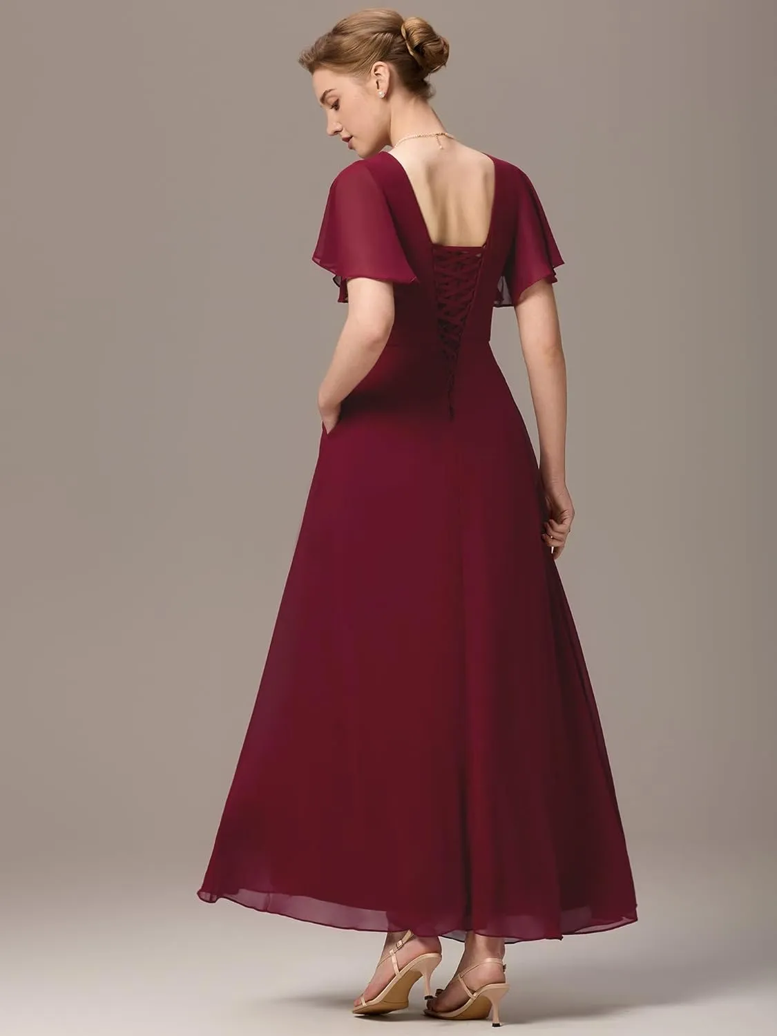 Ever-Pretty Women's Summer V Neck Chiffon Pleated Empire Waist Bandage Bridesmaid Dress with Pockets 02360