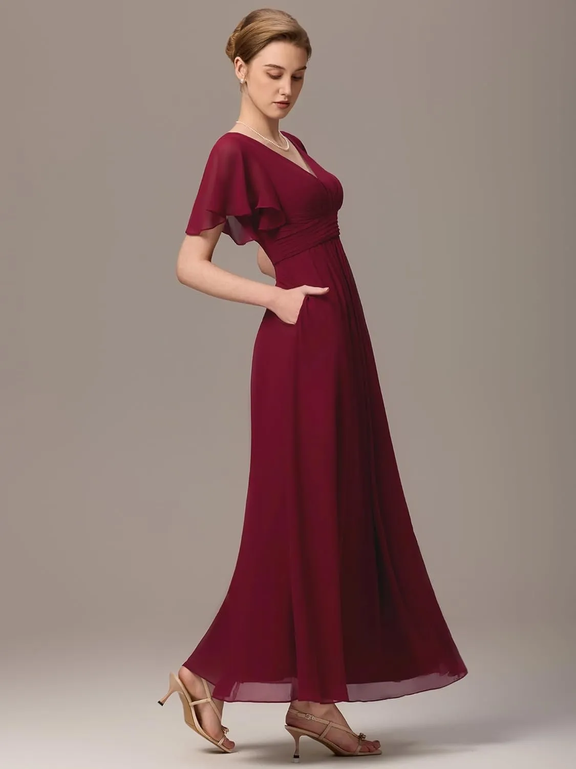 Ever-Pretty Women's Summer V Neck Chiffon Pleated Empire Waist Bandage Bridesmaid Dress with Pockets 02360