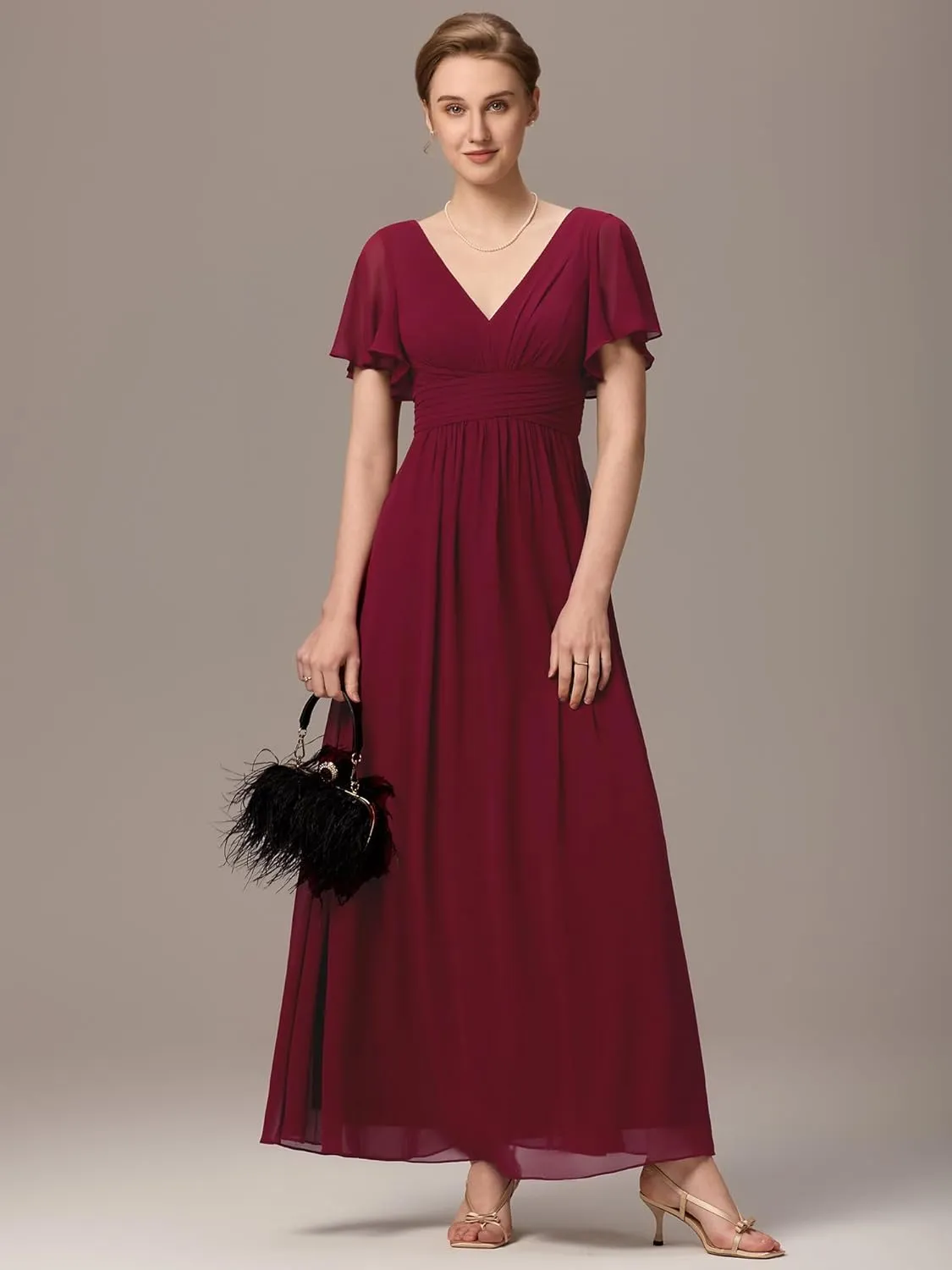 Ever-Pretty Women's Summer V Neck Chiffon Pleated Empire Waist Bandage Bridesmaid Dress with Pockets 02360