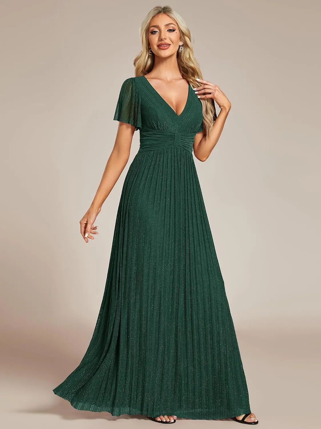 Ever-Pretty Women's Summer Wedding Guest Dress Glitter V Neck Pleated Short Sleeves Evening Mother Dresses 11961