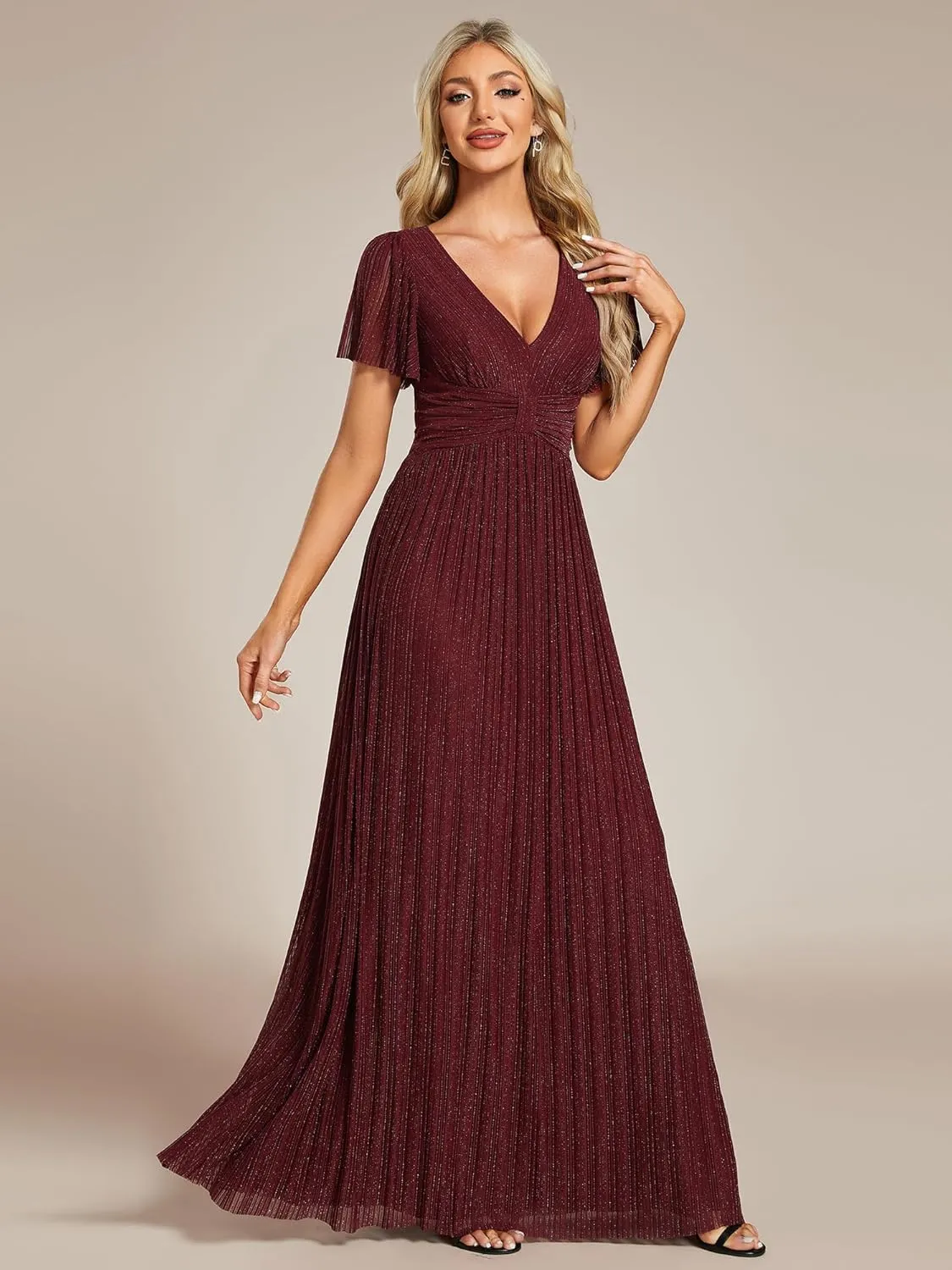 Ever-Pretty Women's Summer Wedding Guest Dress Glitter V Neck Pleated Short Sleeves Evening Mother Dresses 11961