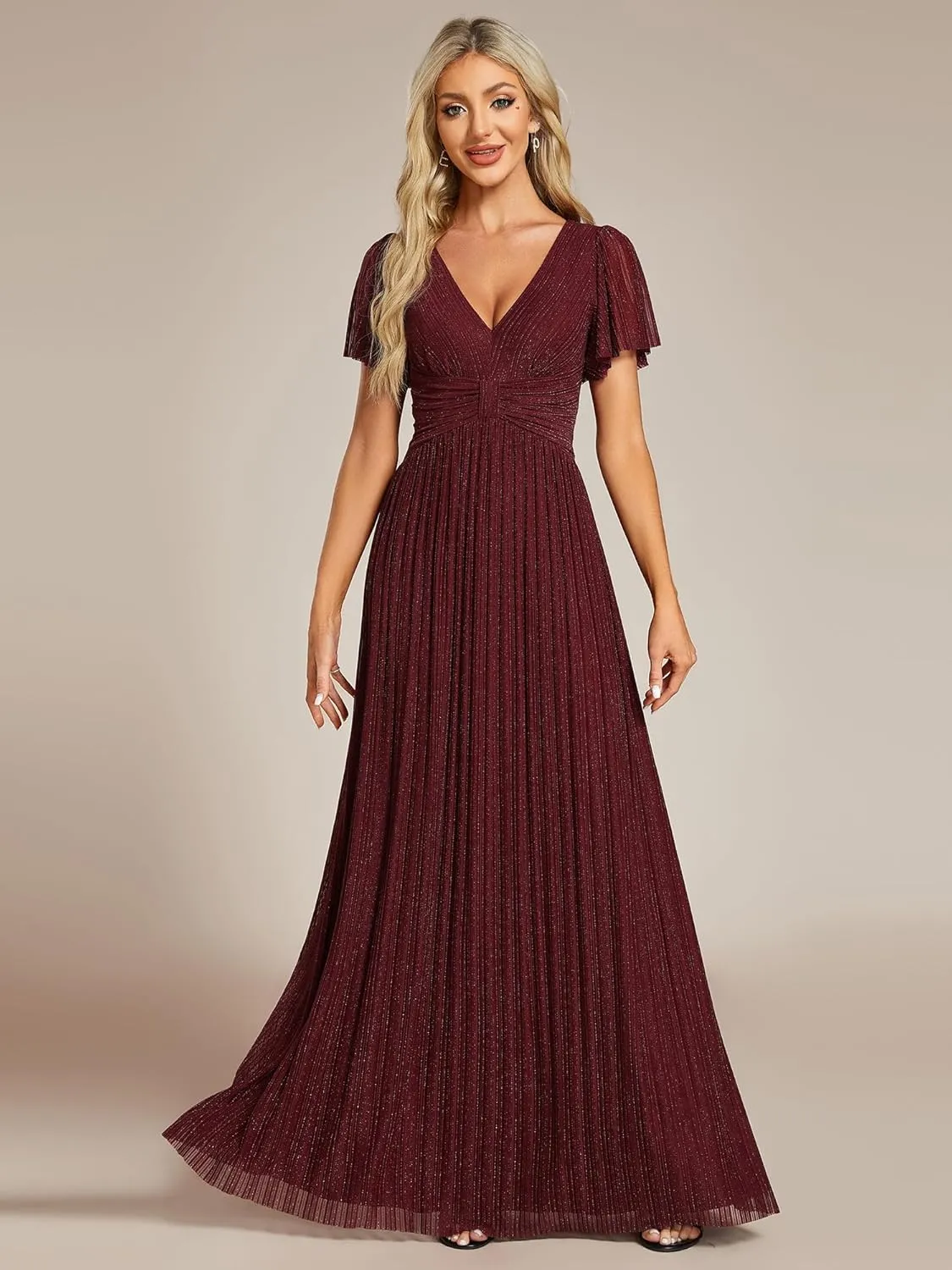 Ever-Pretty Women's Summer Wedding Guest Dress Glitter V Neck Pleated Short Sleeves Evening Mother Dresses 11961
