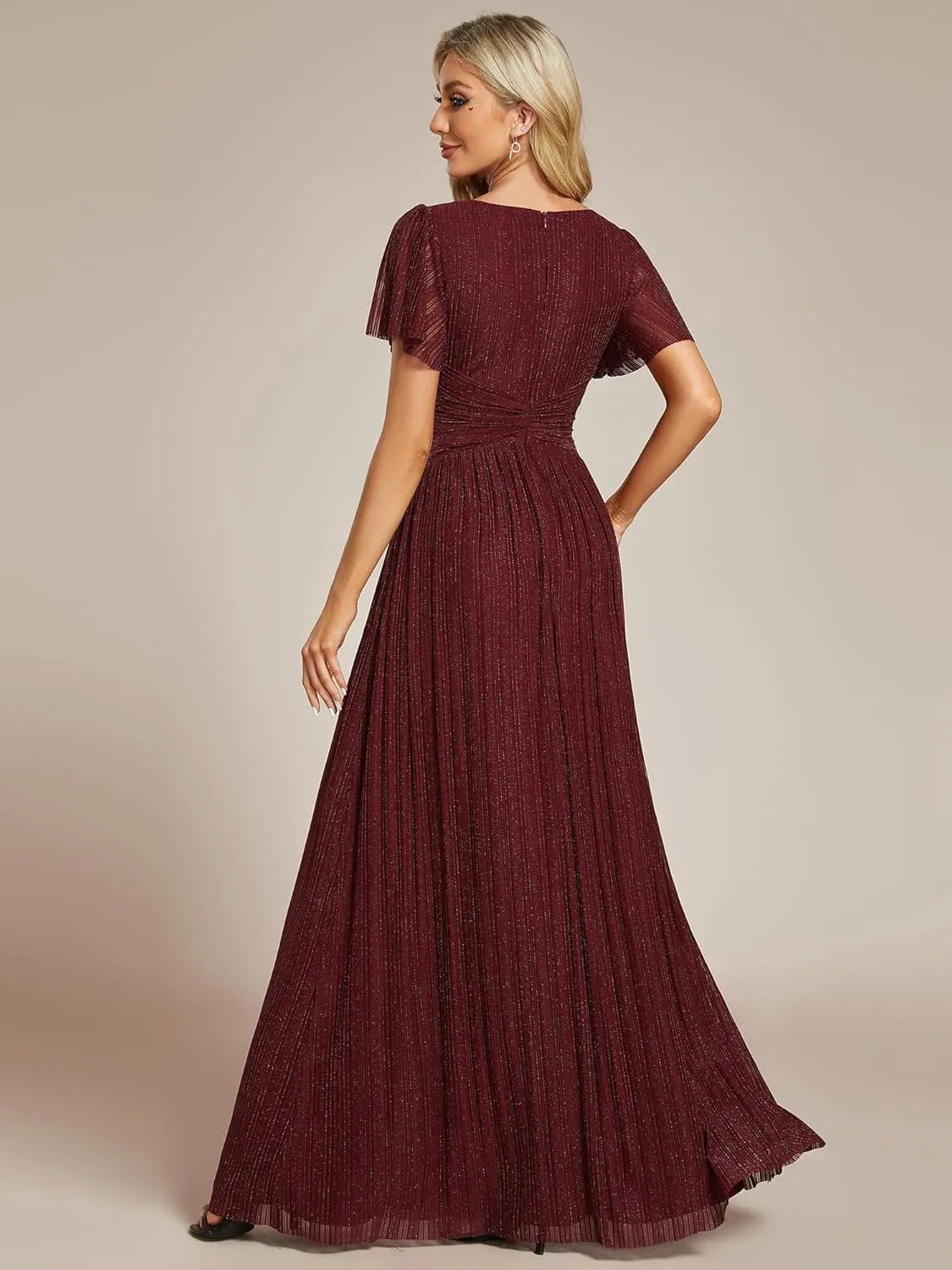 Ever-Pretty Women's Summer Wedding Guest Dress Glitter V Neck Pleated Short Sleeves Evening Mother Dresses 11961