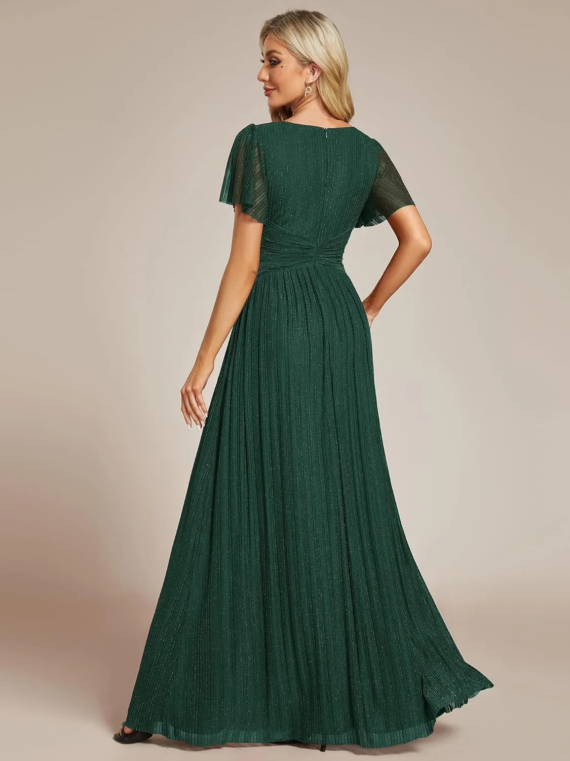 Ever-Pretty Women's Summer Wedding Guest Dress Glitter V Neck Pleated Short Sleeves Evening Mother Dresses 11961