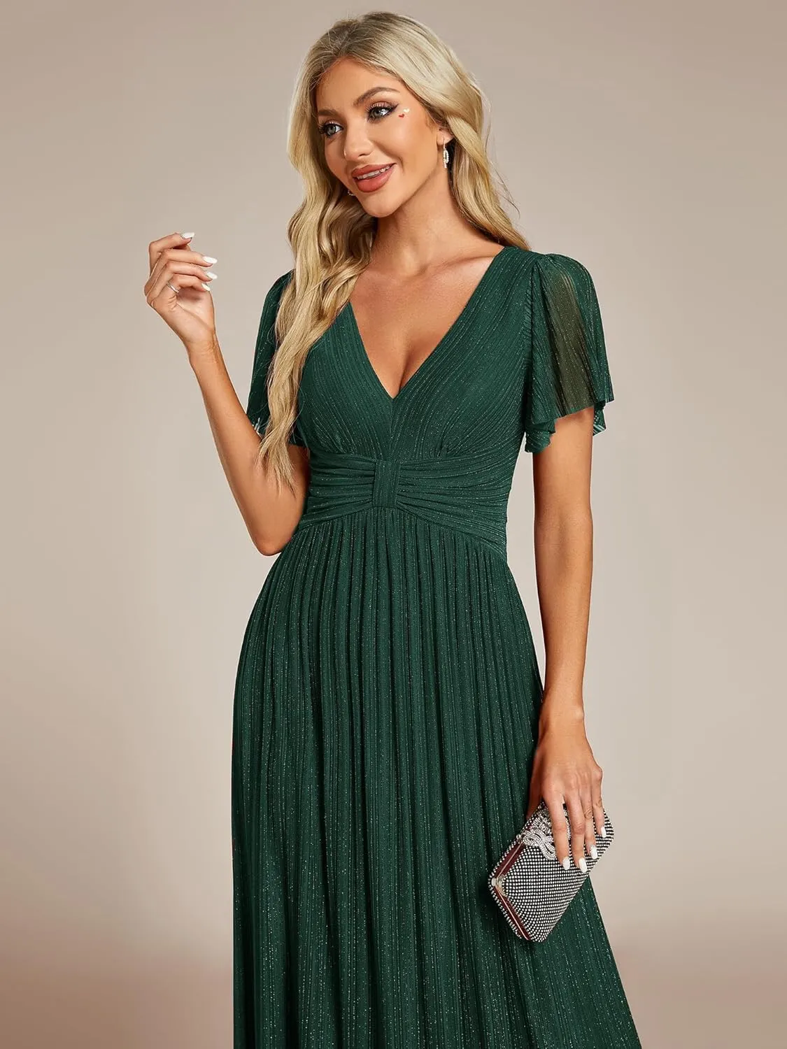 Ever-Pretty Women's Summer Wedding Guest Dress Glitter V Neck Pleated Short Sleeves Evening Mother Dresses 11961
