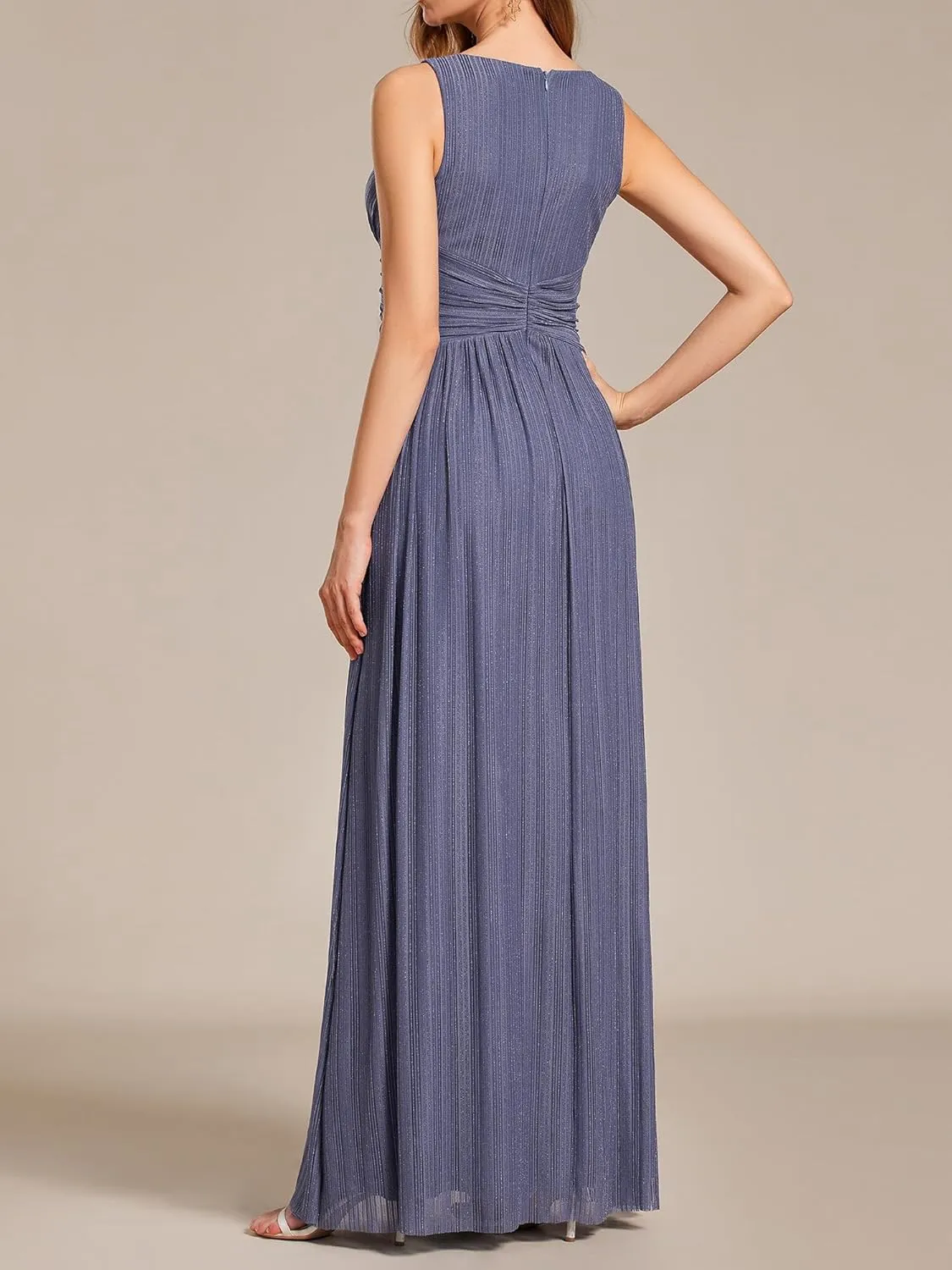 Ever-Pretty Women's V Neck A Line High Waist Glitter Pleated Maxi Formal Dresses