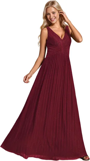 Ever-Pretty Women's V Neck A Line High Waist Glitter Pleated Maxi Formal Dresses