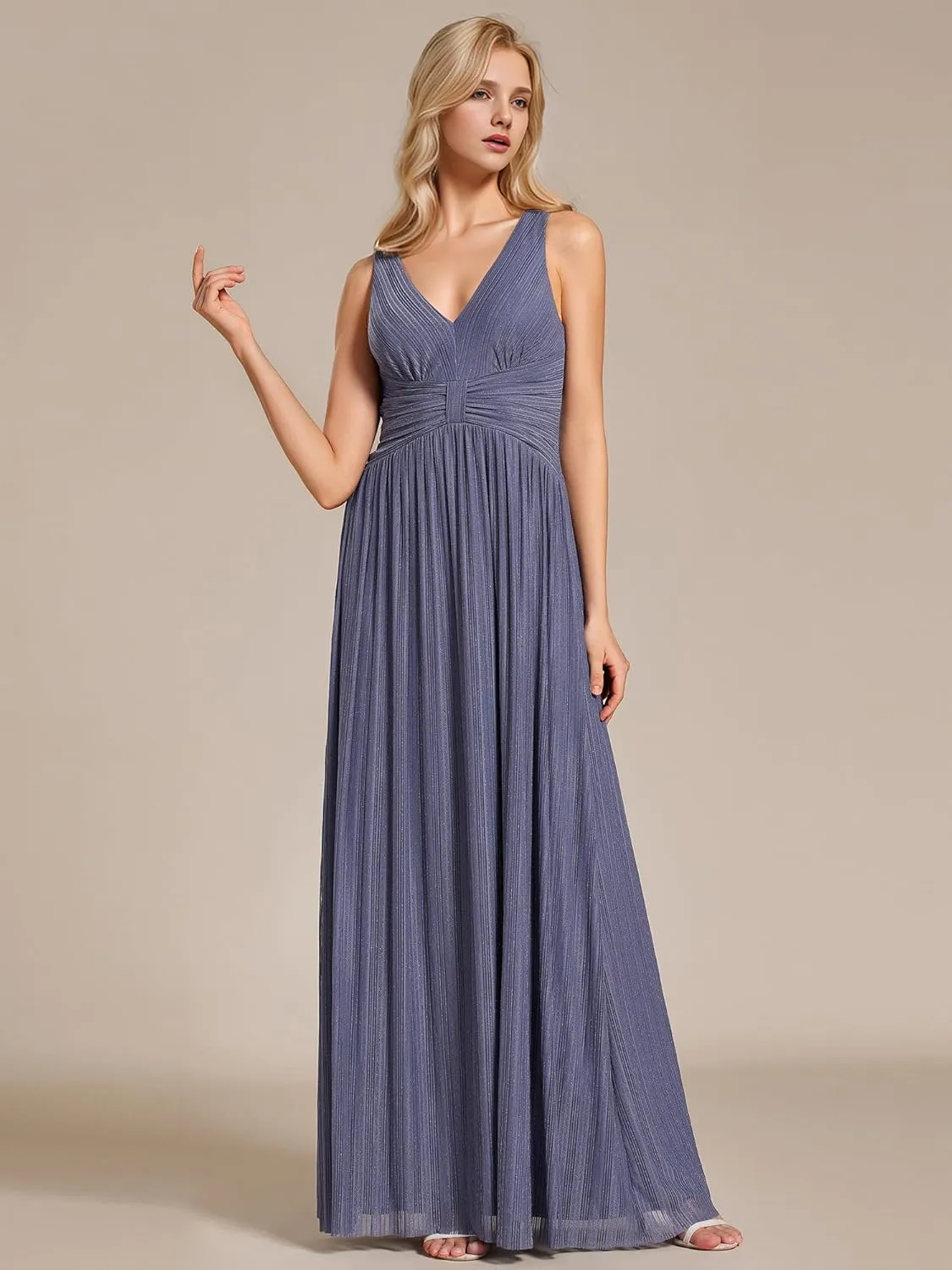 Ever-Pretty Women's V Neck A Line High Waist Glitter Pleated Maxi Formal Dresses