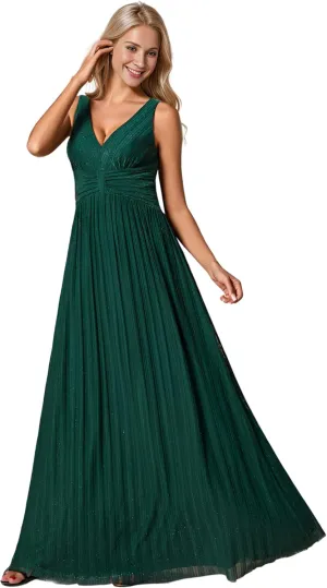 Ever-Pretty Women's V Neck A Line High Waist Glitter Pleated Maxi Formal Dresses