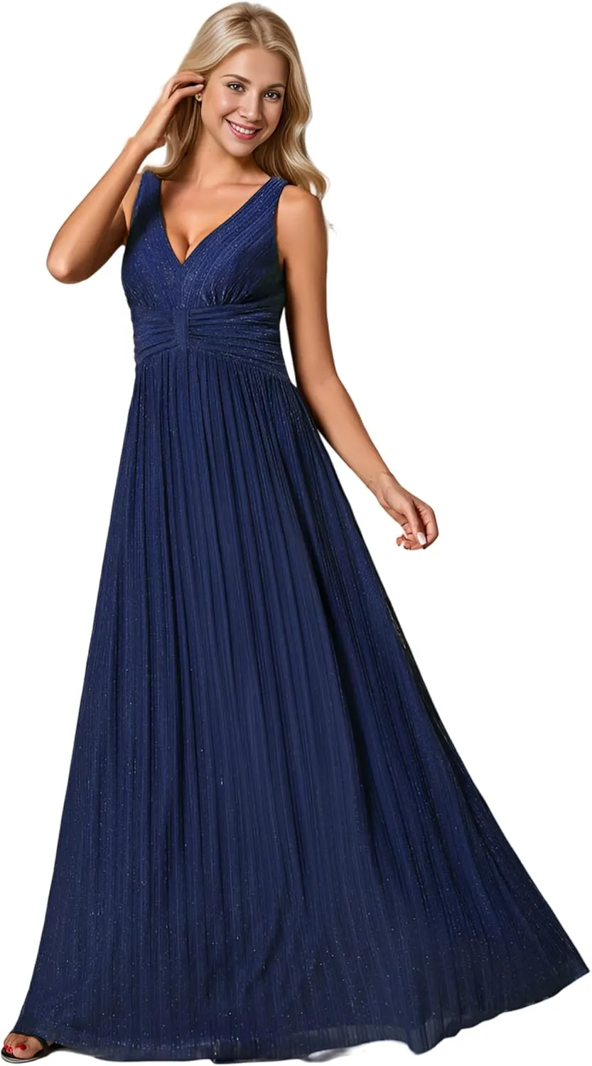 Ever-Pretty Women's V Neck A Line High Waist Glitter Pleated Maxi Formal Dresses