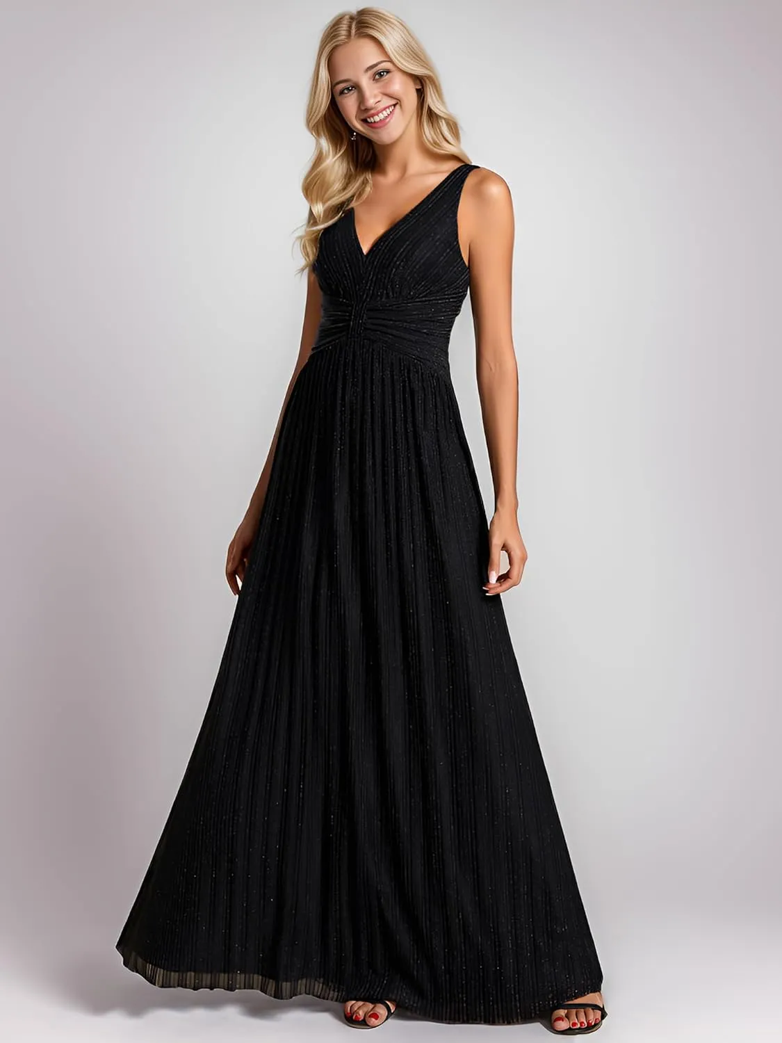 Ever-Pretty Women's V Neck A Line High Waist Glitter Pleated Maxi Formal Dresses
