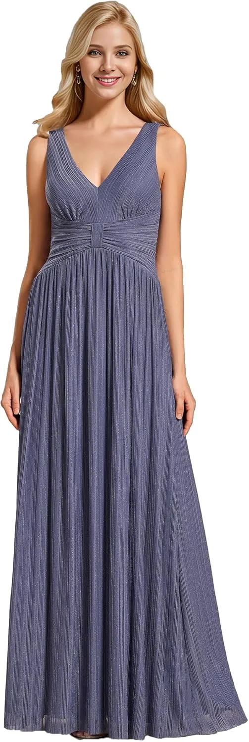 Ever-Pretty Women's V Neck A Line High Waist Glitter Pleated Maxi Formal Dresses