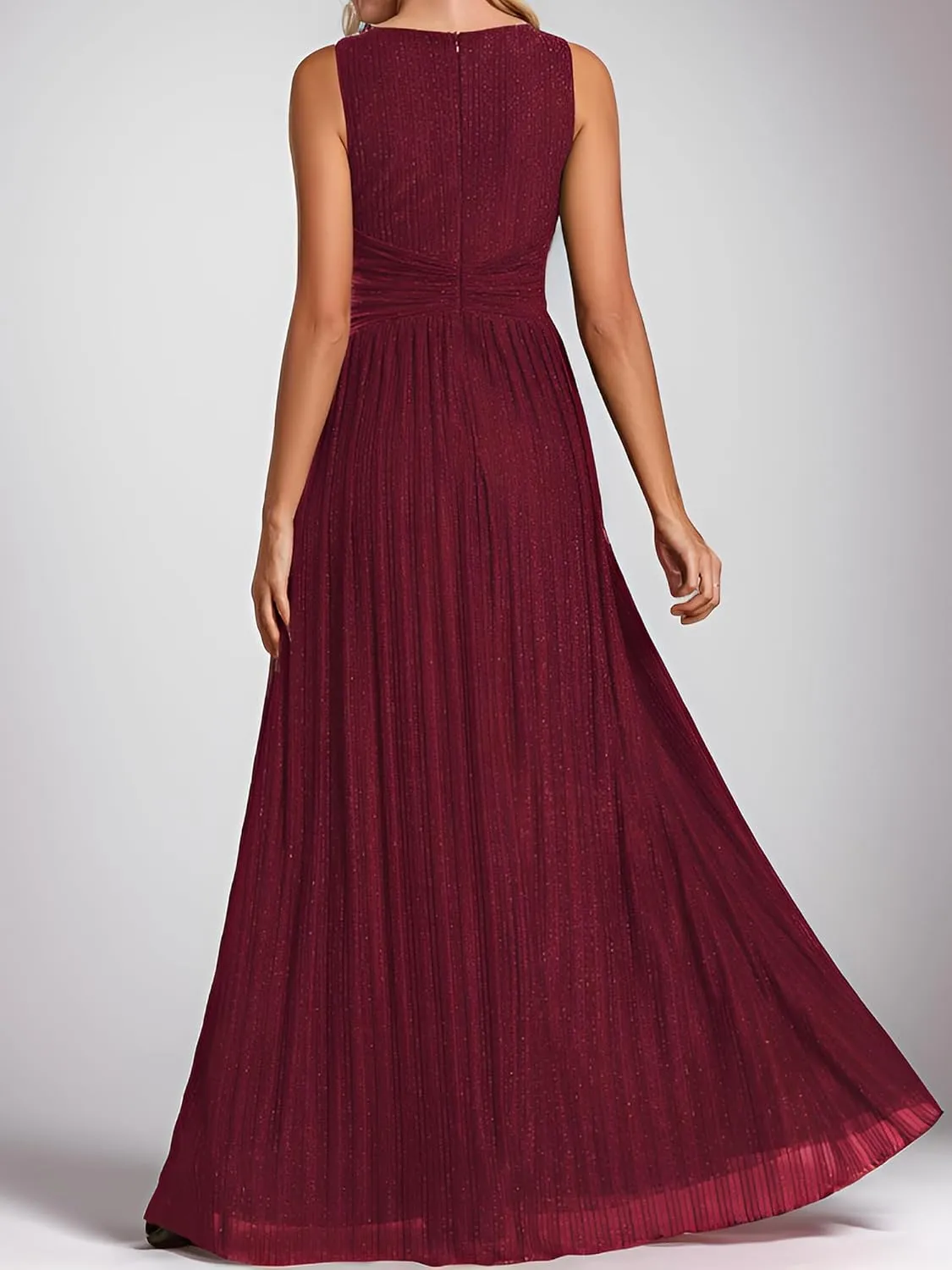 Ever-Pretty Women's V Neck A Line High Waist Glitter Pleated Maxi Formal Dresses