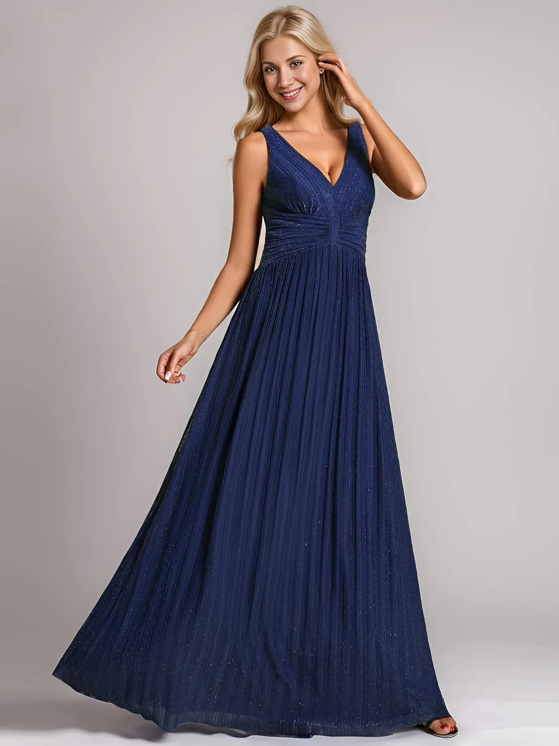 Ever-Pretty Women's V Neck A Line High Waist Glitter Pleated Maxi Formal Dresses
