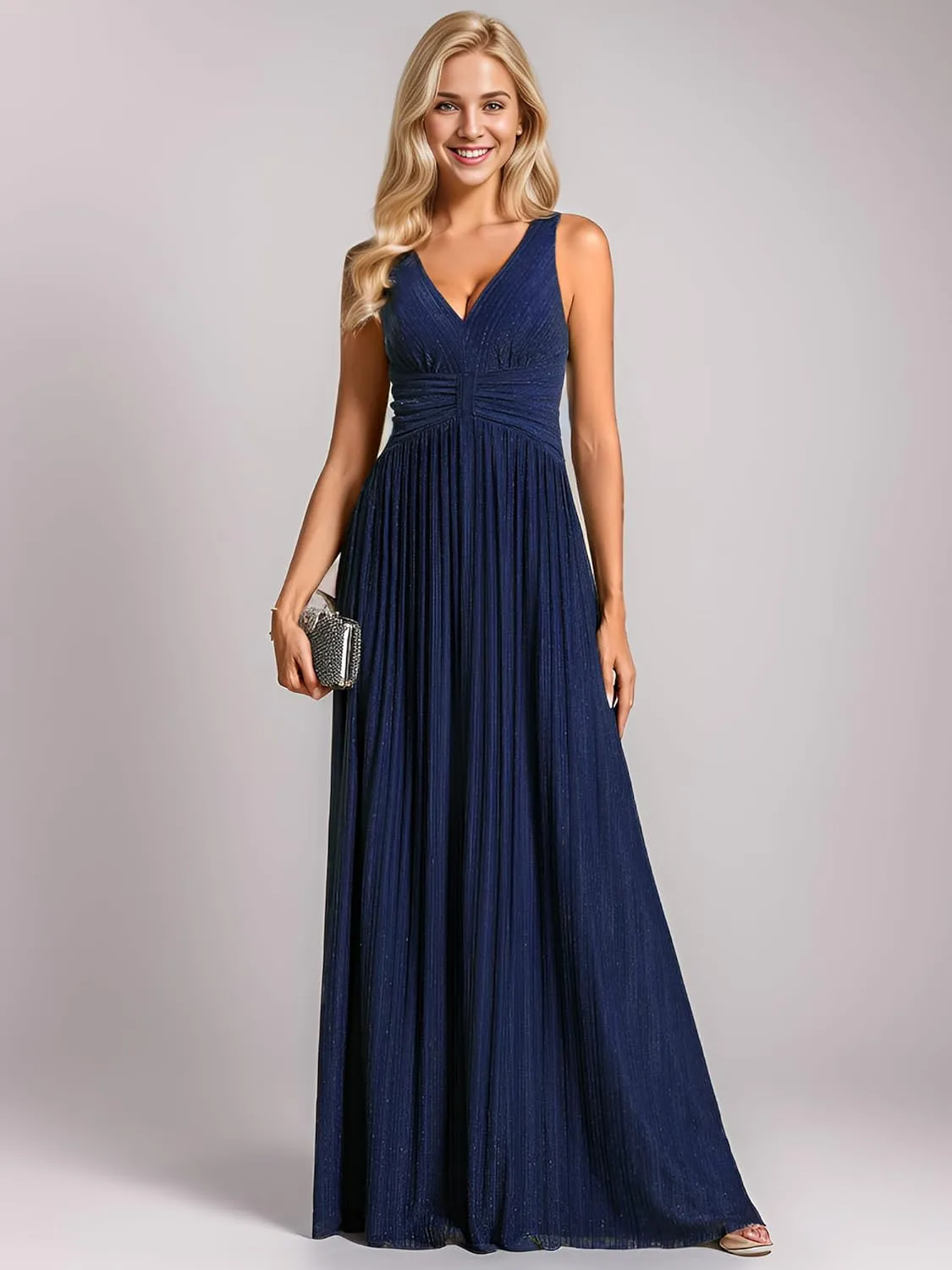 Ever-Pretty Women's V Neck A Line High Waist Glitter Pleated Maxi Formal Dresses