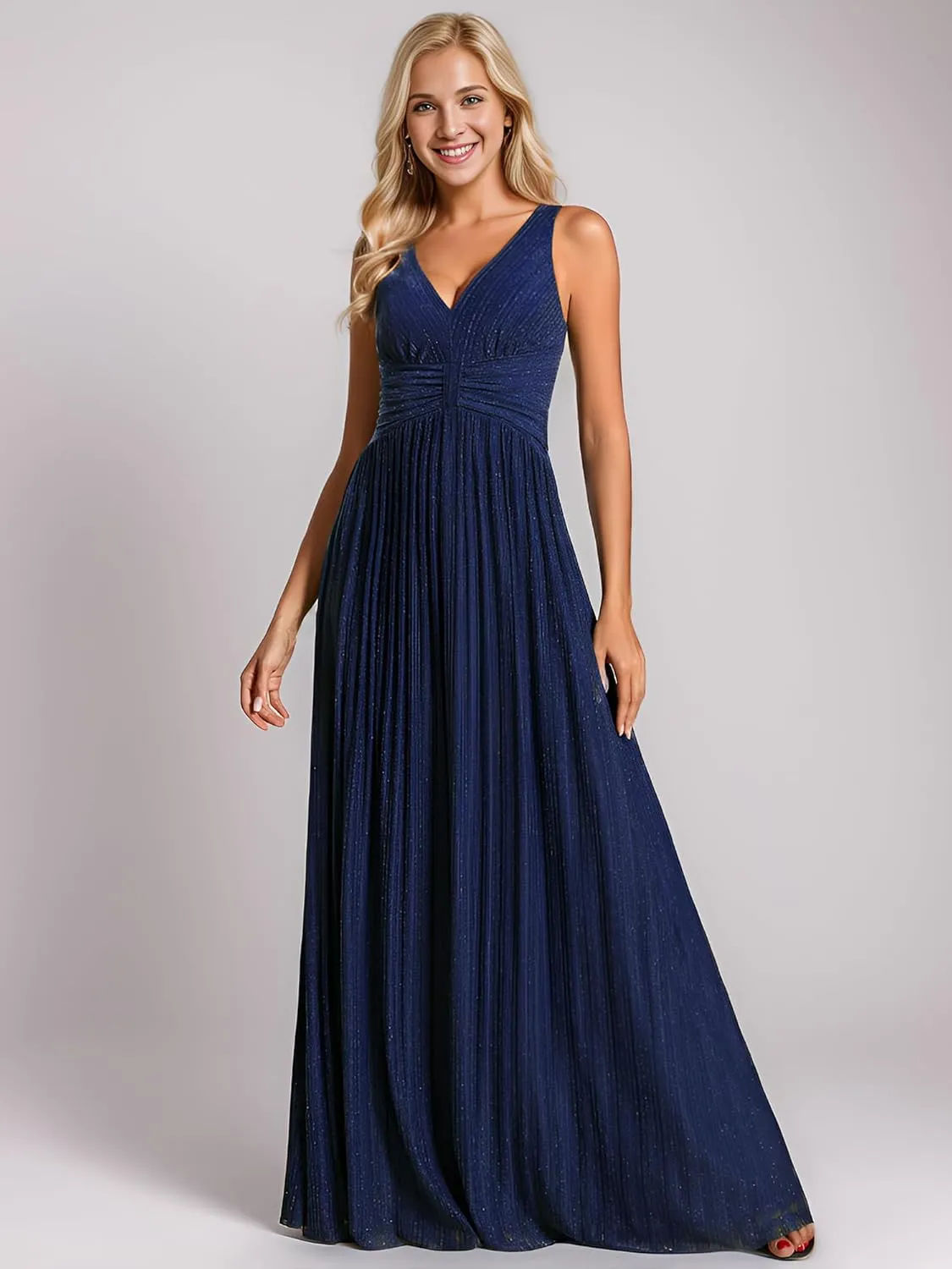 Ever-Pretty Women's V Neck A Line High Waist Glitter Pleated Maxi Formal Dresses