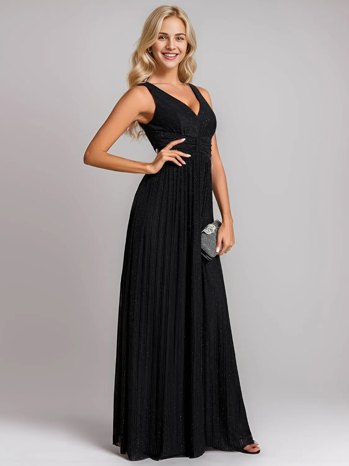 Ever-Pretty Women's V Neck A Line High Waist Glitter Pleated Maxi Formal Dresses