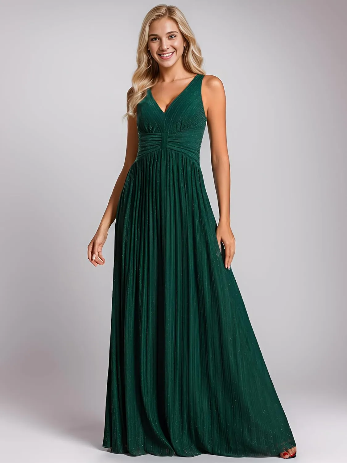 Ever-Pretty Women's V Neck A Line High Waist Glitter Pleated Maxi Formal Dresses