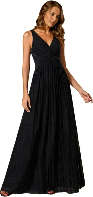 Ever-Pretty Women's V Neck A Line High Waist Glitter Pleated Maxi Formal Dresses