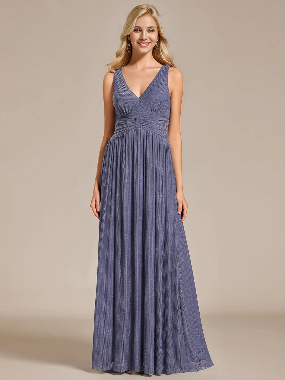 Ever-Pretty Women's V Neck A Line High Waist Glitter Pleated Maxi Formal Dresses