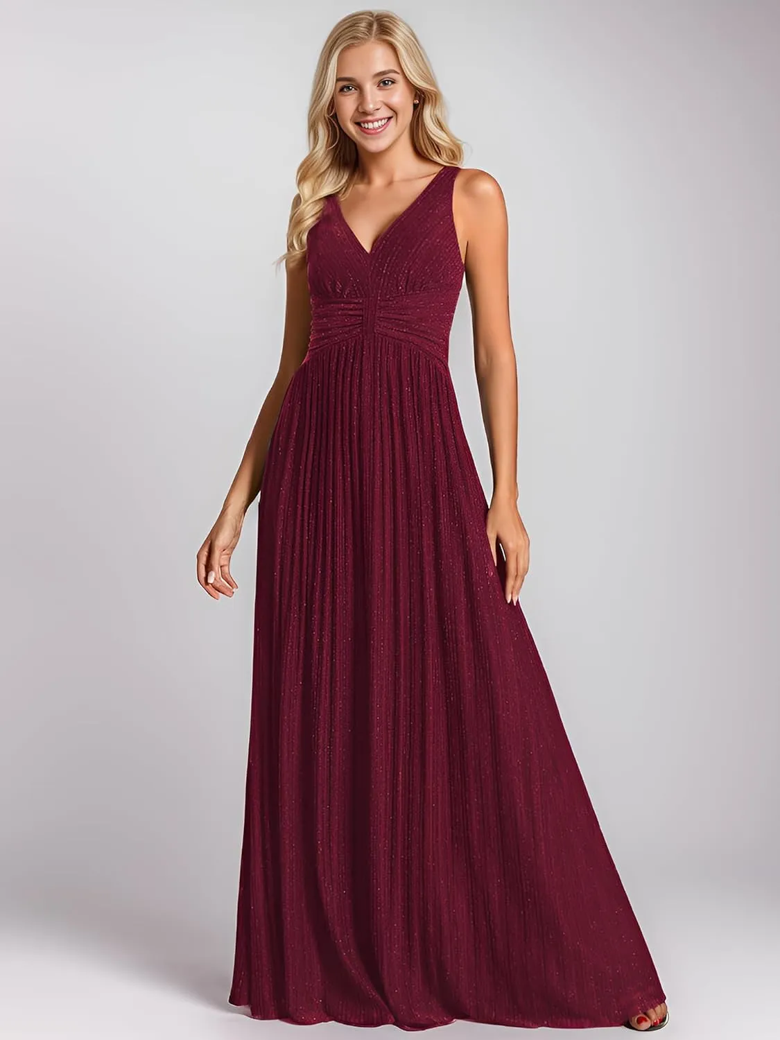 Ever-Pretty Women's V Neck A Line High Waist Glitter Pleated Maxi Formal Dresses