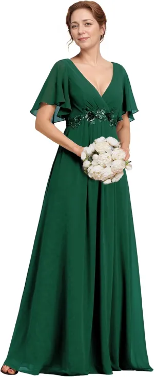 Ever-Pretty Women's V Neck Appliques Pleated Chiffon A Line Floor Length Mother of The Bride Dresses