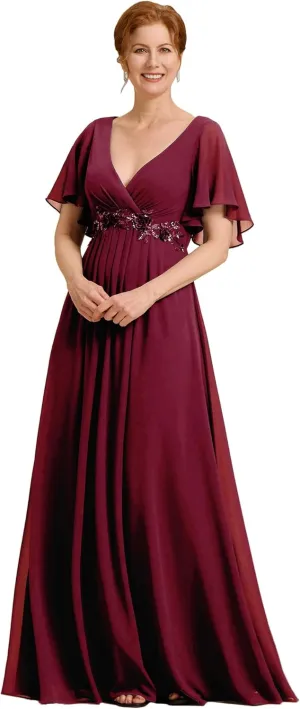 Ever-Pretty Women's V Neck Appliques Pleated Chiffon A Line Floor Length Mother of The Bride Dresses
