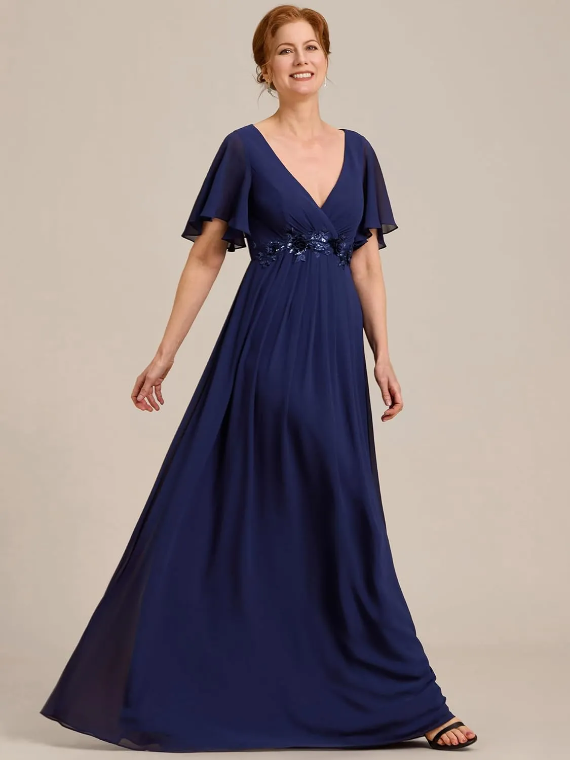 Ever-Pretty Women's V Neck Appliques Pleated Chiffon A Line Floor Length Mother of The Bride Dresses