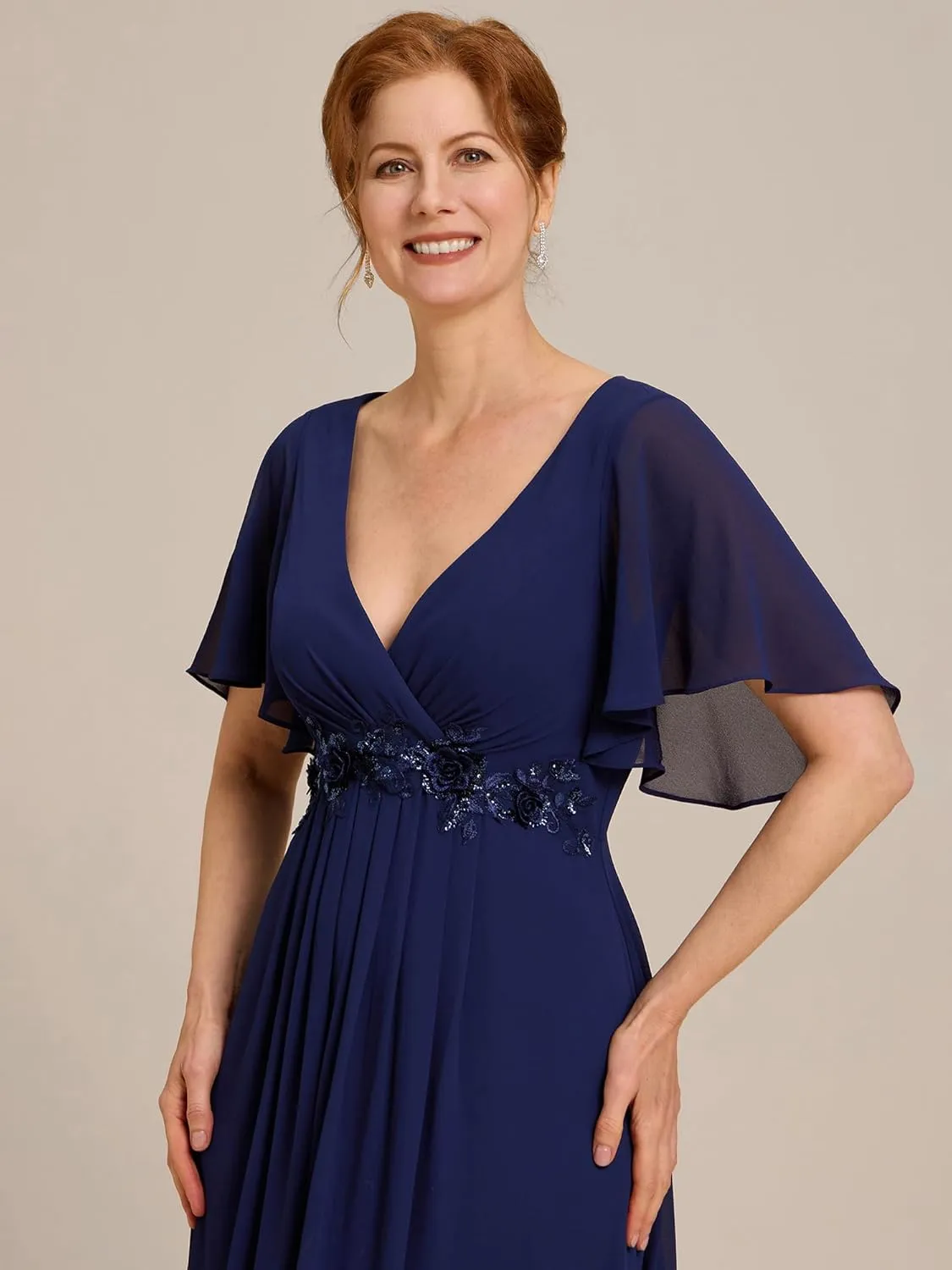 Ever-Pretty Women's V Neck Appliques Pleated Chiffon A Line Floor Length Mother of The Bride Dresses