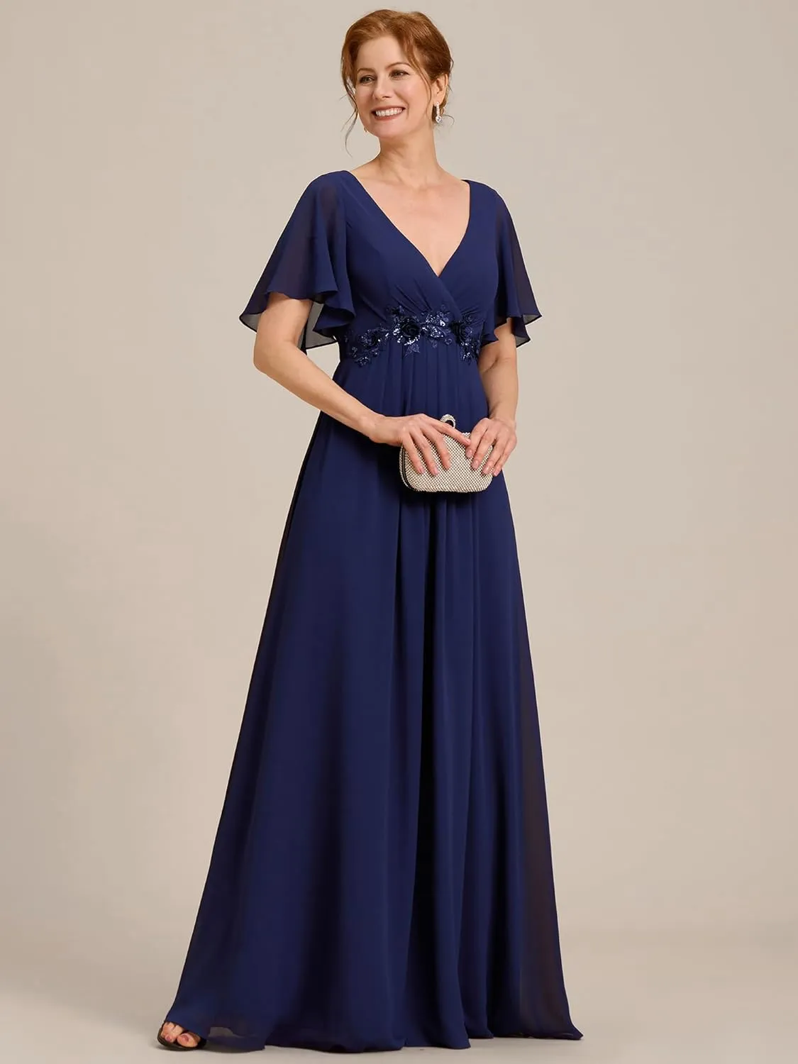 Ever-Pretty Women's V Neck Appliques Pleated Chiffon A Line Floor Length Mother of The Bride Dresses