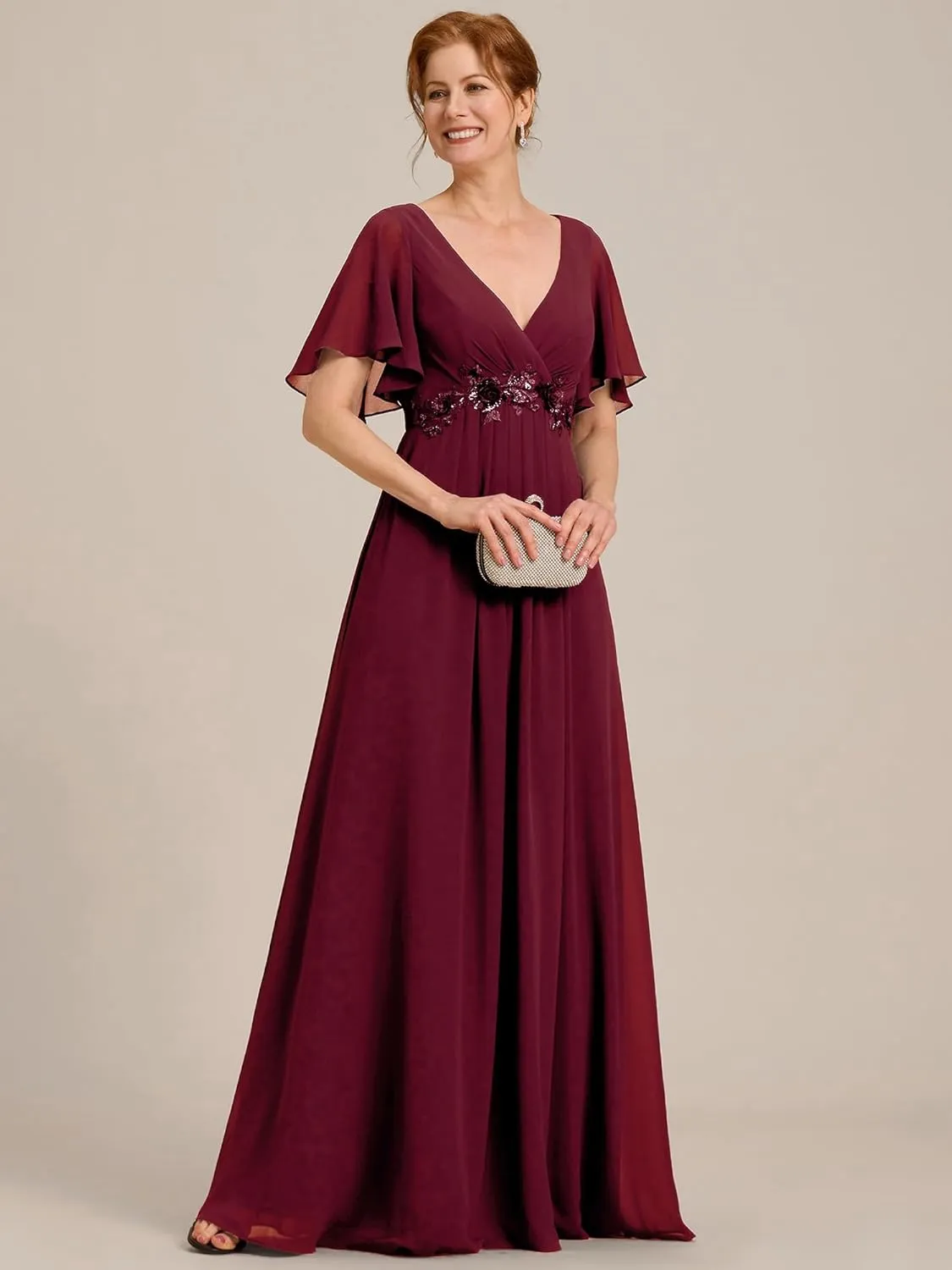 Ever-Pretty Women's V Neck Appliques Pleated Chiffon A Line Floor Length Mother of The Bride Dresses