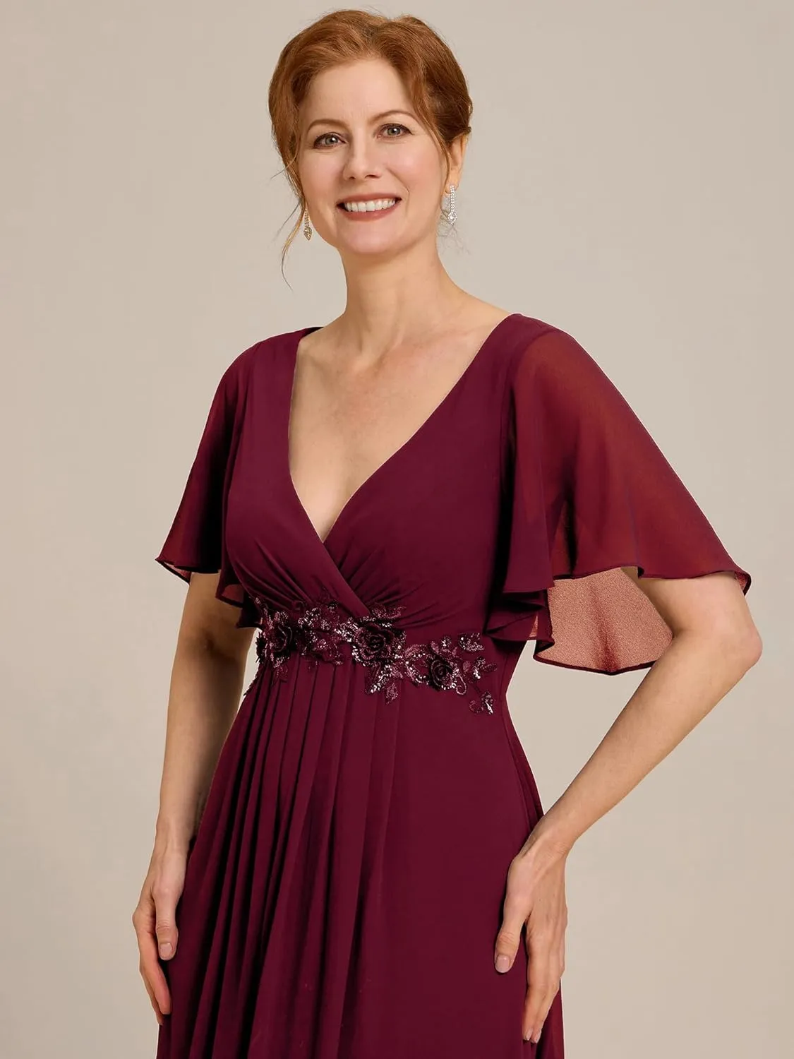 Ever-Pretty Women's V Neck Appliques Pleated Chiffon A Line Floor Length Mother of The Bride Dresses