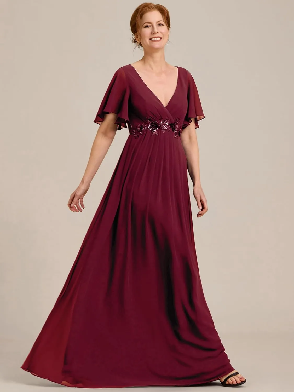 Ever-Pretty Women's V Neck Appliques Pleated Chiffon A Line Floor Length Mother of The Bride Dresses