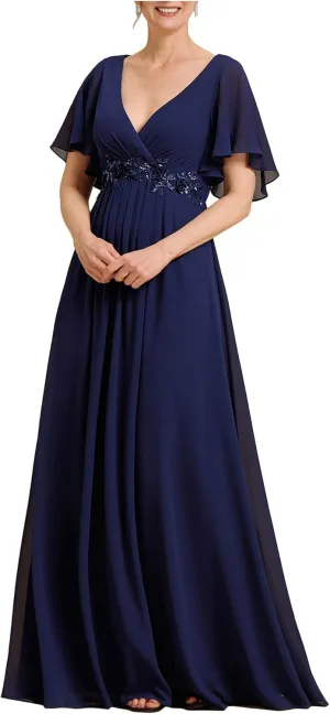 Ever-Pretty Women's V Neck Appliques Pleated Chiffon A Line Floor Length Mother of The Bride Dresses