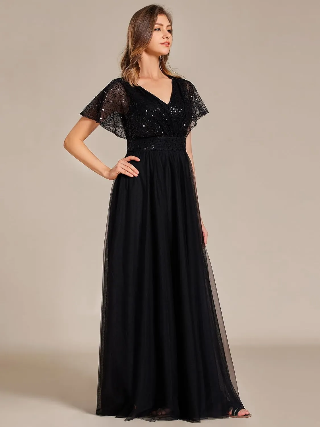 Ever-Pretty Women's V Neck Evening Dresses Ruffles Sleeves Sequin Empire Waist A-Line Maxi Formal Dresses 02223