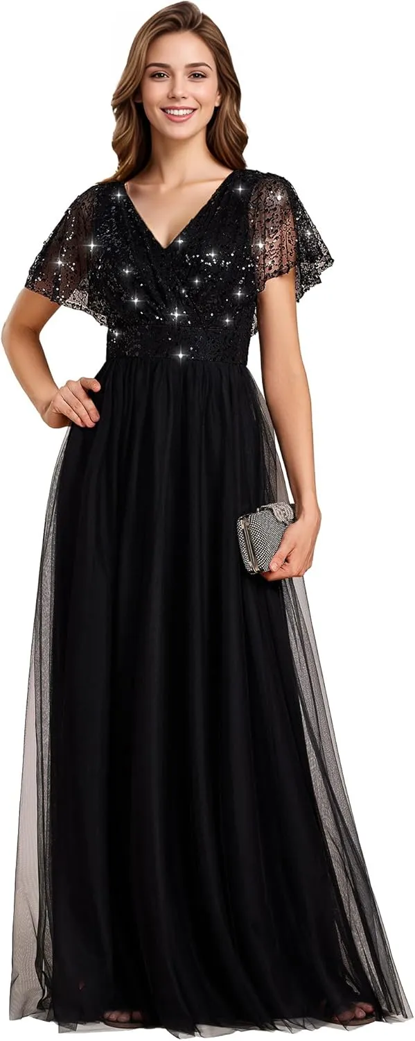 Ever-Pretty Women's V Neck Evening Dresses Ruffles Sleeves Sequin Empire Waist A-Line Maxi Formal Dresses 02223