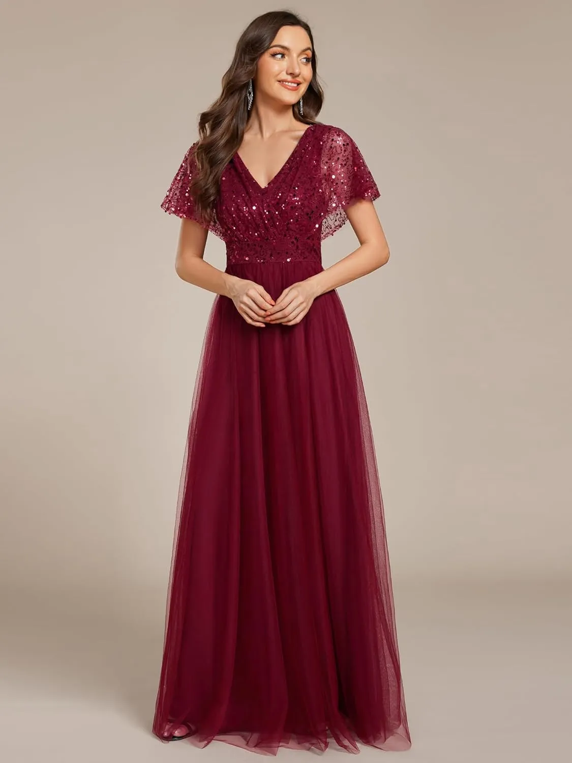 Ever-Pretty Women's V Neck Evening Dresses Ruffles Sleeves Sequin Empire Waist A-Line Maxi Formal Dresses 02223