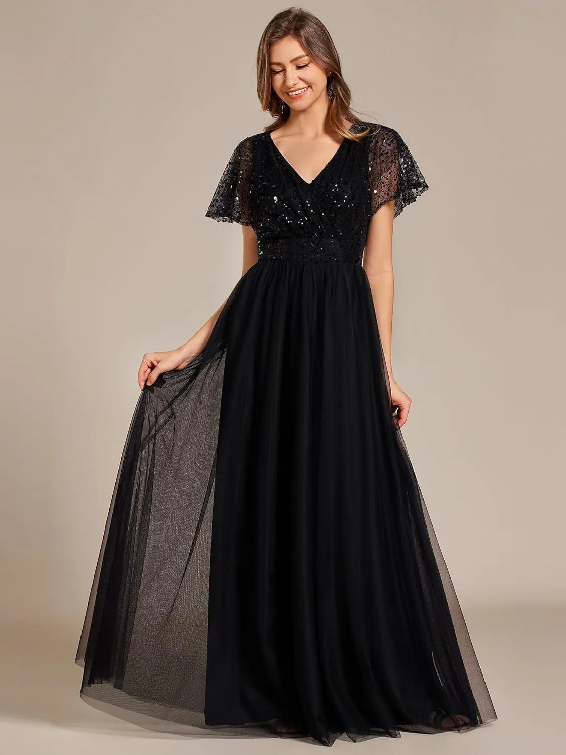Ever-Pretty Women's V Neck Evening Dresses Ruffles Sleeves Sequin Empire Waist A-Line Maxi Formal Dresses 02223