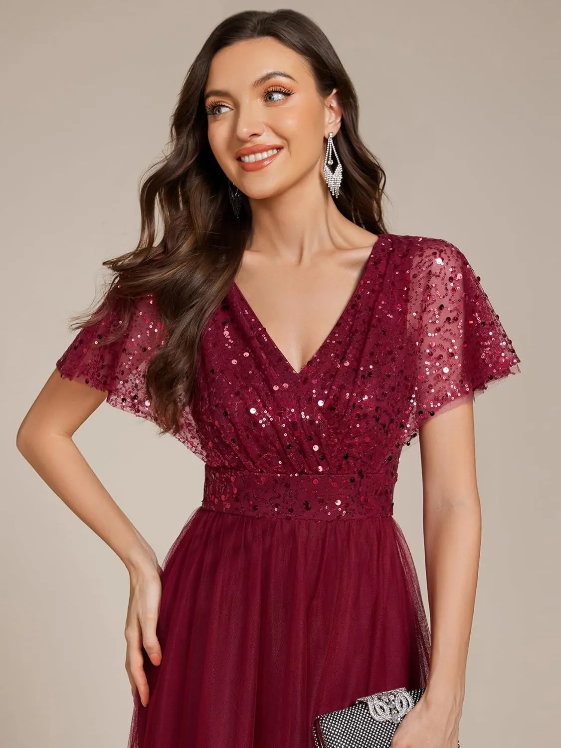 Ever-Pretty Women's V Neck Evening Dresses Ruffles Sleeves Sequin Empire Waist A-Line Maxi Formal Dresses 02223