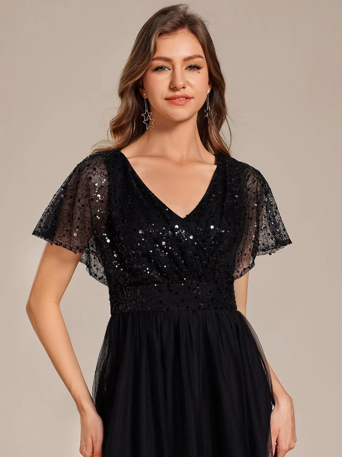 Ever-Pretty Women's V Neck Evening Dresses Ruffles Sleeves Sequin Empire Waist A-Line Maxi Formal Dresses 02223