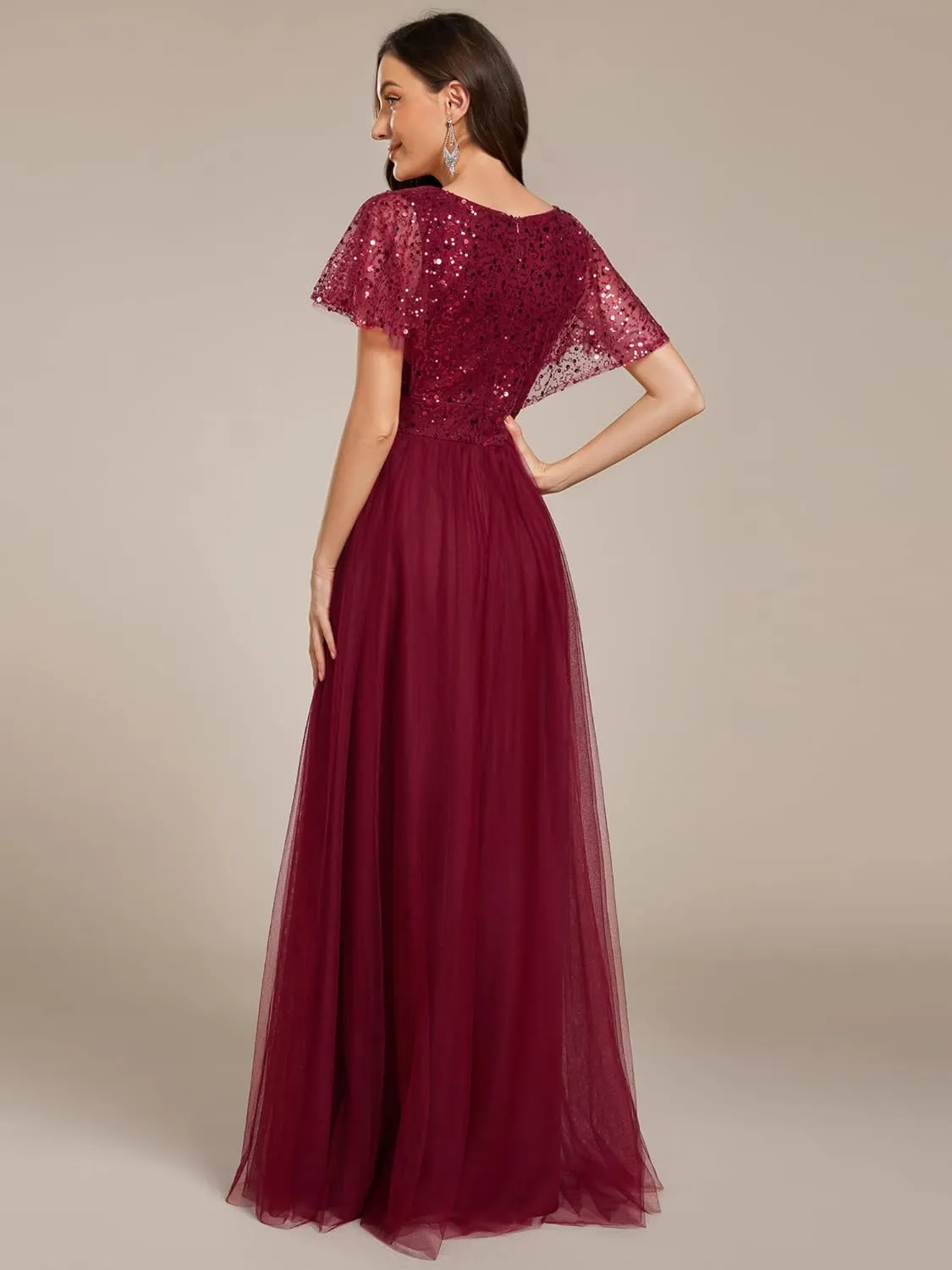 Ever-Pretty Women's V Neck Evening Dresses Ruffles Sleeves Sequin Empire Waist A-Line Maxi Formal Dresses 02223